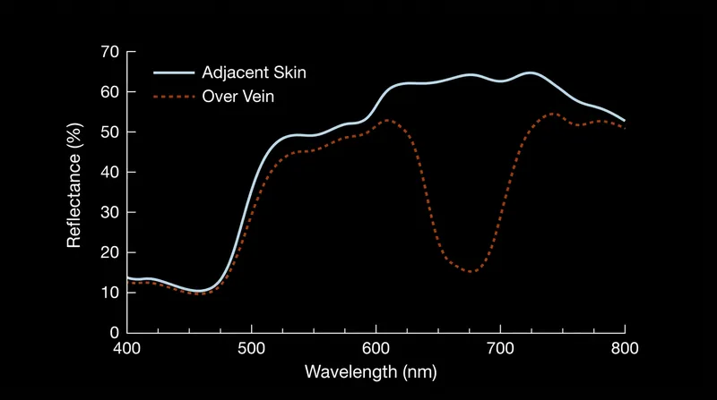 The skin directly over a vein reflects the same amount of blue light as the surrounding skin, but significantly less red light.