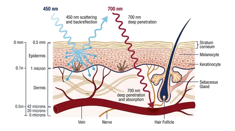 Blue light scatters in the shallow dermis, while red light penetrates deeply enough to be absorbed by venous blood.
