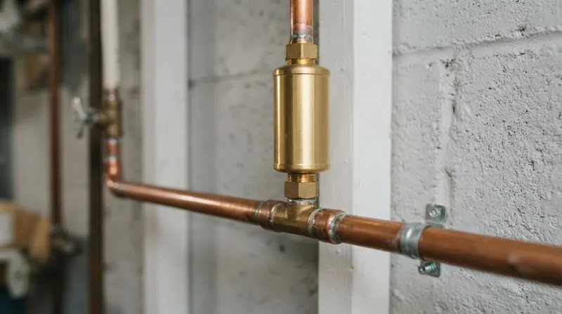 A gleaming copper mechanical water hammer arrestor installed on a residential water supply line next to a washing machine valve.
