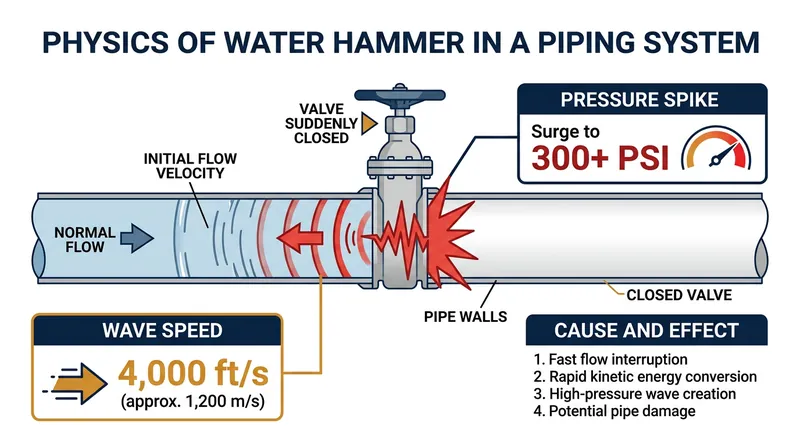 When a quick-closing valve snaps shut, the kinetic energy of the water converts into a high-pressure shockwave.