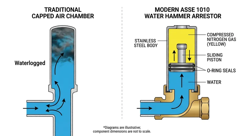 Unlike a traditional air chamber, a mechanical arrestor uses a sliding piston to prevent the gas charge from dissolving into the water.