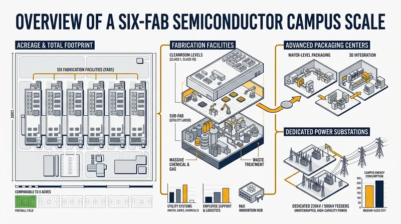 A six-fab complex requires massive acreage to cluster fabrication and advanced packaging facilities together.