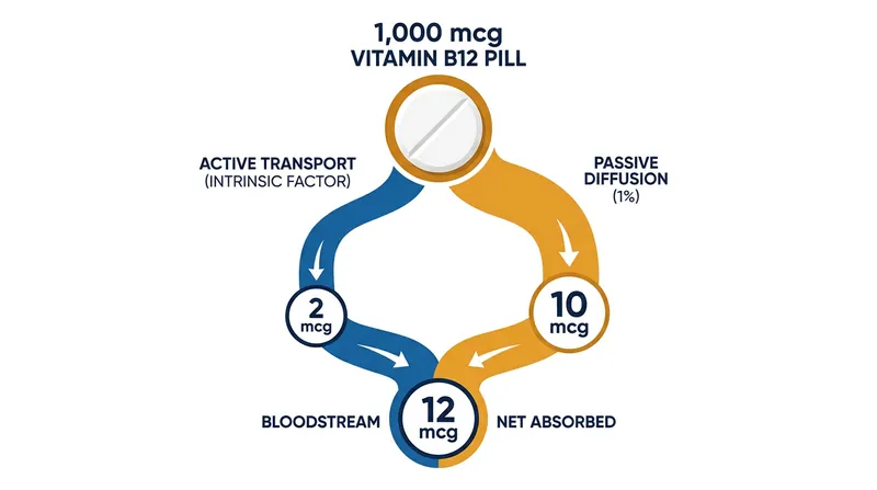 How the body processes a 1,000-microgram megadose, yielding roughly 12 micrograms of net absorption.
