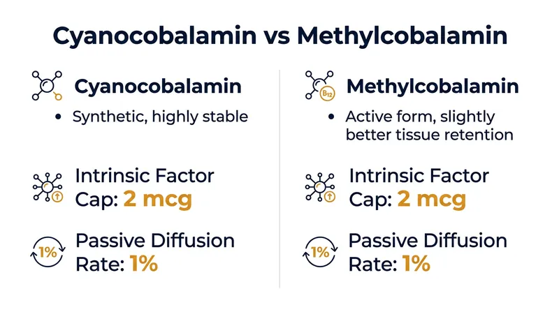 Despite marketing claims, both common forms of vitamin B12 are subject to the exact same physiological absorption limits.