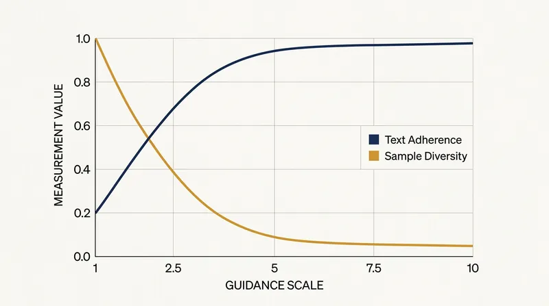 As the guidance scale increases, the model sacrifices the natural diversity of its training data to ensure strict adherence to the prompt.