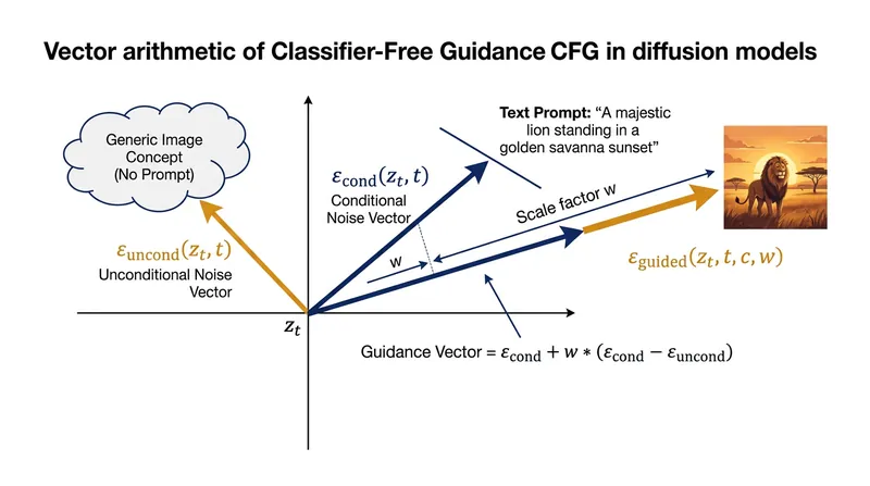 The guidance scale extrapolates the denoising step along the vector difference between the conditional and unconditional predictions.