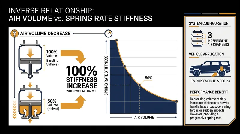 Halving the active air volume mathematically doubles the spring rate, providing instant stiffness without altering ride height.