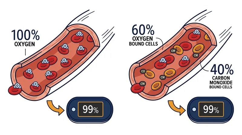 Because the device cannot distinguish between the two molecules, a lethal carbon monoxide level registers as a healthy oxygen level.