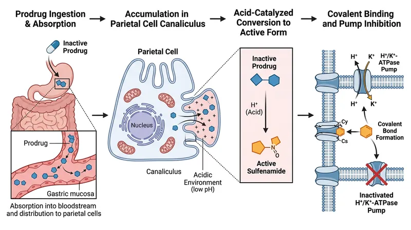 The prodrug converts into its active form only when exposed to the highly acidic environment of an active parietal cell.