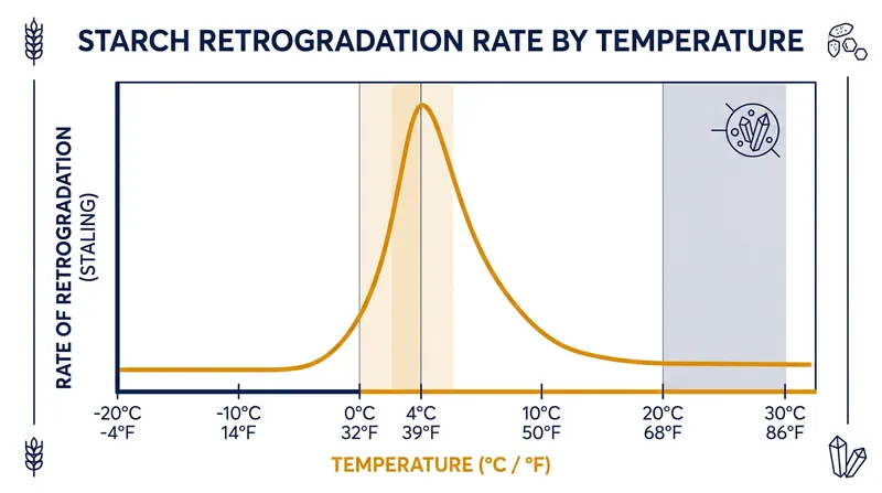 The rate of amylopectin recrystallization peaks sharply at standard refrigerator temperatures.
