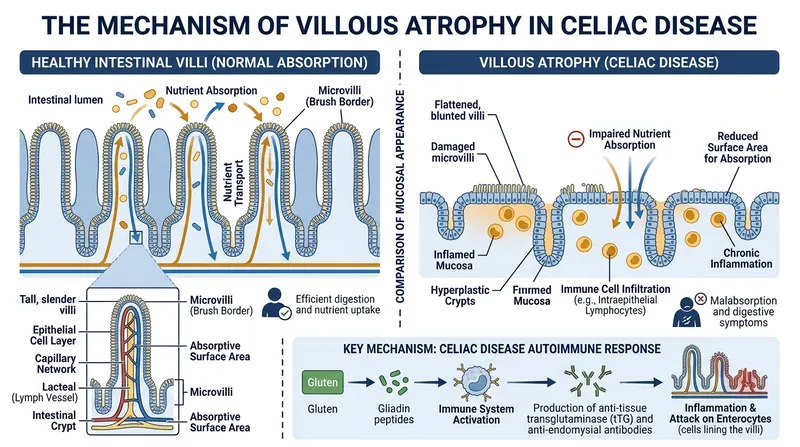 Celiac disease causes the immune system to attack and flatten the intestinal villi, a process that reverses when gluten is removed.