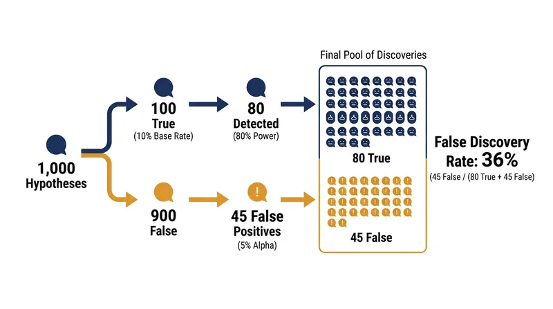 When the prior probability of a hypothesis is low, false positives can make up a large percentage of statistically significant results.