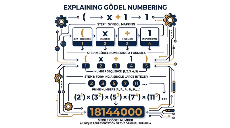 Gödel numbering uses prime factorization to encode complex mathematical statements into unique integers.