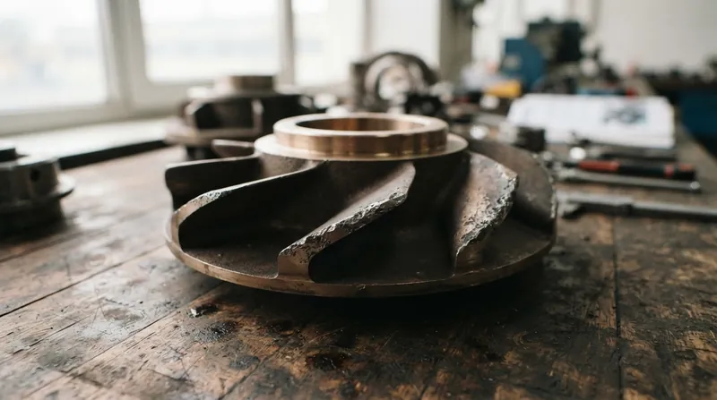 Illustration: The violent collapse of vapor bubbles pits the metal surface of the impeller, leading to rapid erosion.