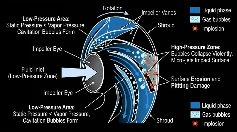 Vapor bubbles form in low-pressure zones and collapse violently as they travel into higher-pressure areas.