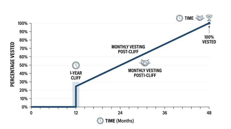 The standard four-year vesting schedule includes a strict one-year cliff where no shares vest.