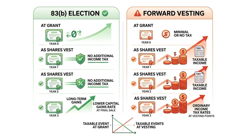 Filing an 83(b) election allows founders to pay taxes on the near-zero inception value of their shares.