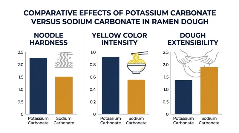 Different alkaline salts produce distinct structural and visual outcomes in the final noodle.