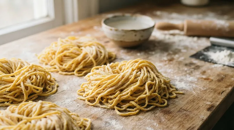 Illustration: The dense gluten network created by kansui prevents the noodles from dissolving or becoming mushy in hot broth.
