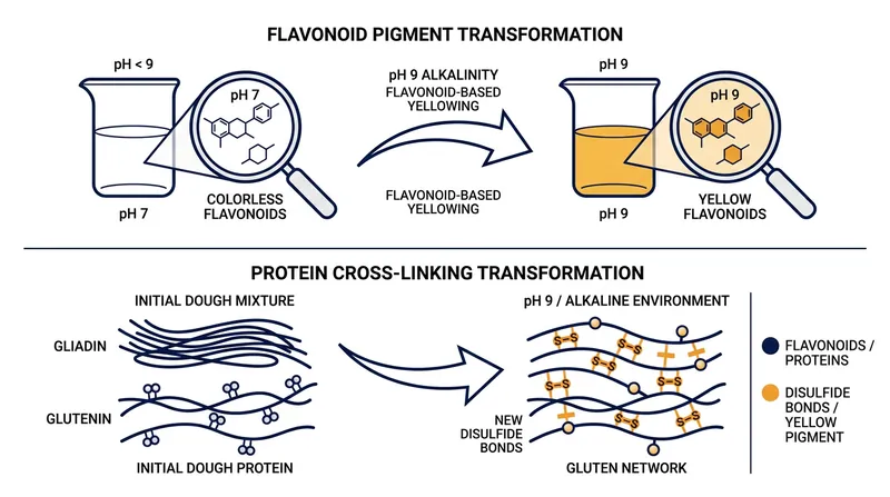 How an alkaline environment simultaneously alters pigment expression and protein structure in wheat flour.