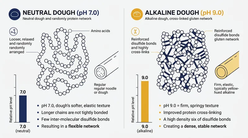 The structural difference between a neutral udon dough and a highly cross-linked alkaline ramen dough.