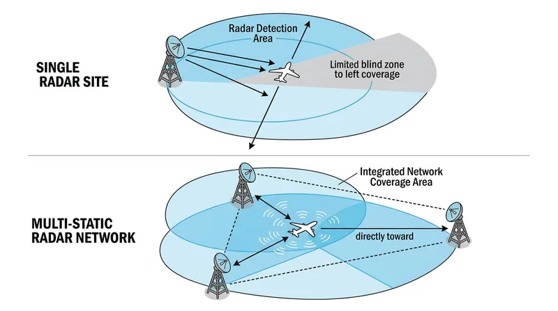 Multi-static networks defeat the Doppler notch by ensuring the target is always moving toward at least one receiver.