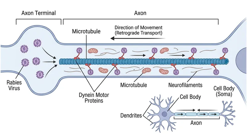 The rabies virus hijacks dynein motor proteins to travel inside the nerve, completely shielded from the immune system.