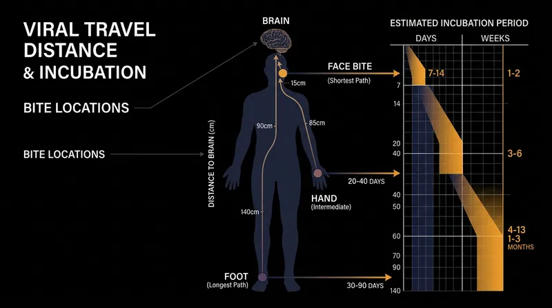 The physical distance between the bite site and the brain dictates the length of the incubation period.