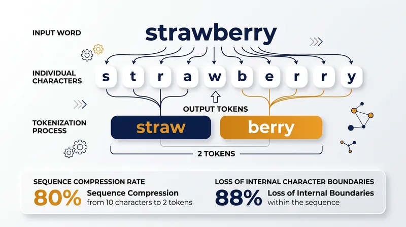 By compressing 10 characters into 2 tokens, the model loses 88% of the internal character boundaries.