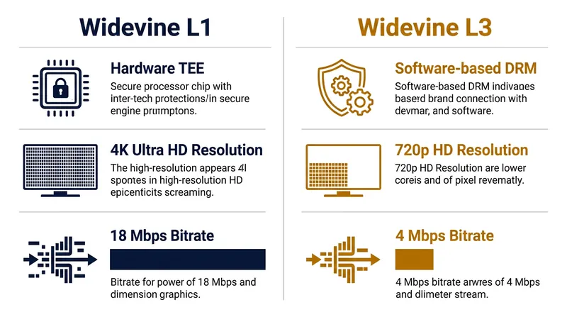 Widevine L1 hardware isolation allows for 4K streams, while L3 software decryption is restricted to 720p.