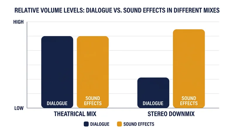 Because the left and right channels pass through unattenuated, the downmix alters the ratio between speech and effects.
