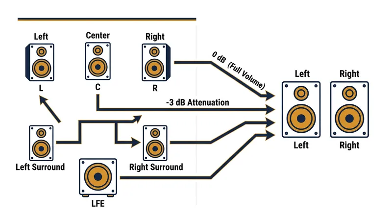 The ITU standard requires the center channel to be reduced by 3 decibels when folded into a stereo pair to prevent digital clipping.
