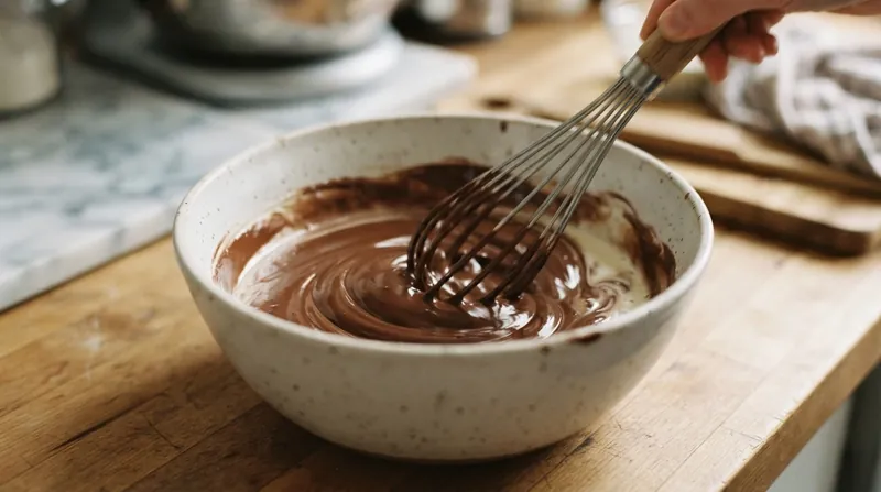 Illustration: Adding a surplus of warm liquid dissolves the sugar network, transforming the seized paste into a smooth ganache.