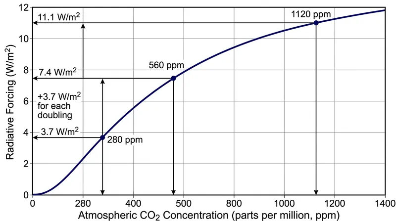 Radiative forcing scales logarithmically, meaning each doubling of CO2 produces the same amount of warming.