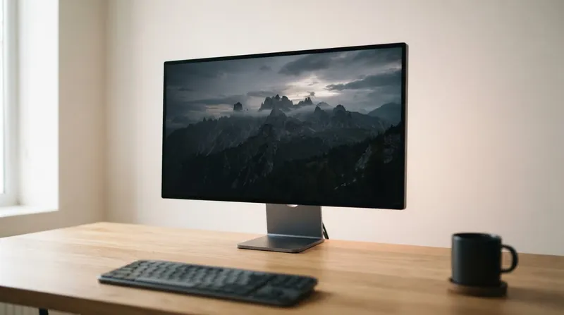 A computer monitor in a dark room displaying a cave scene with glowing gray backlight bleed.