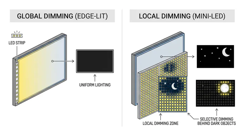 Local dimming allows a monitor to physically turn off the backlight behind dark areas of the image.