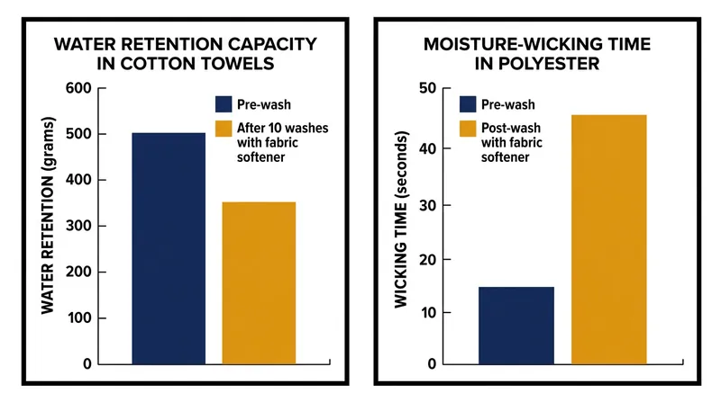 The functional penalty of fabric softener on cotton absorbency and polyester moisture-wicking over 10 wash cycles.