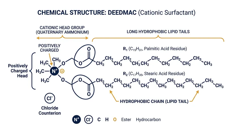 The dual structure of a cationic surfactant allows it to bond to wet fabric while leaving a water-repelling tail exposed.