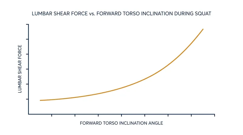 As the torso inclines forward to compensate for restricted knees, shear forces on the lumbar spine increase dramatically.