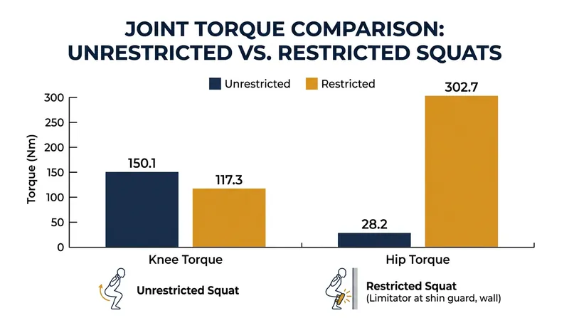 Restricting knee travel reduces patellar torque by 22 percent but multiplies hip torque tenfold.