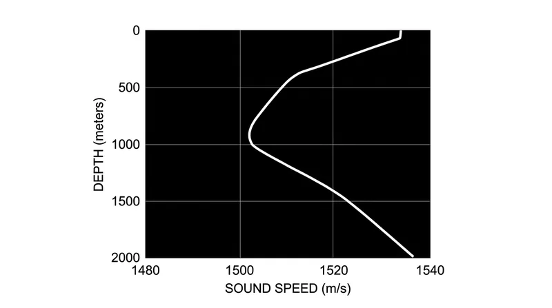 A typical sound speed profile shows the sharp decrease in velocity at the thermocline, followed by a pressure-driven increase in the deep ocean.