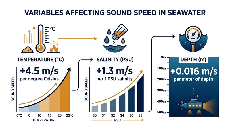 The speed of sound in seawater is dictated by temperature, salinity, and hydrostatic pressure.