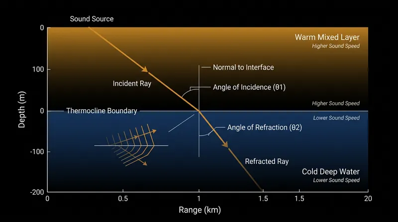 According to Snell's Law, acoustic rays bend toward regions of lower sound speed, forcing them downward at the thermocline.