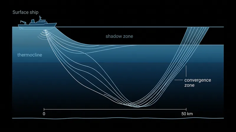 Downward refraction creates an acoustic shadow zone near the ship, while deep-water pressure bends the sound back up to form a convergence zone tens of kilometers away.