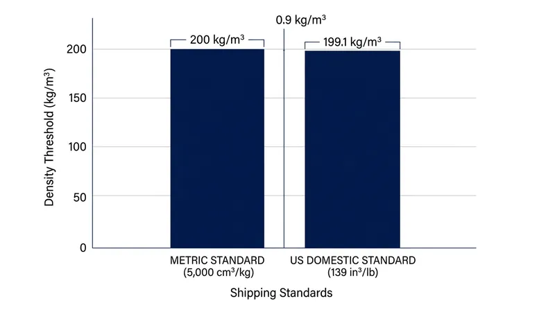 Despite using different measurement systems, global carriers enforce a nearly identical density floor of roughly 200 kilograms per cubic meter.