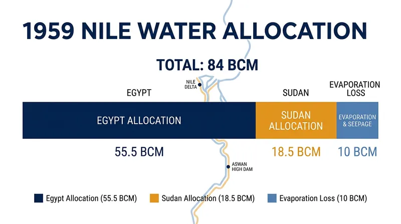 The 1959 bilateral agreement divided the entire estimated yield of the Nile between two downstream states.
