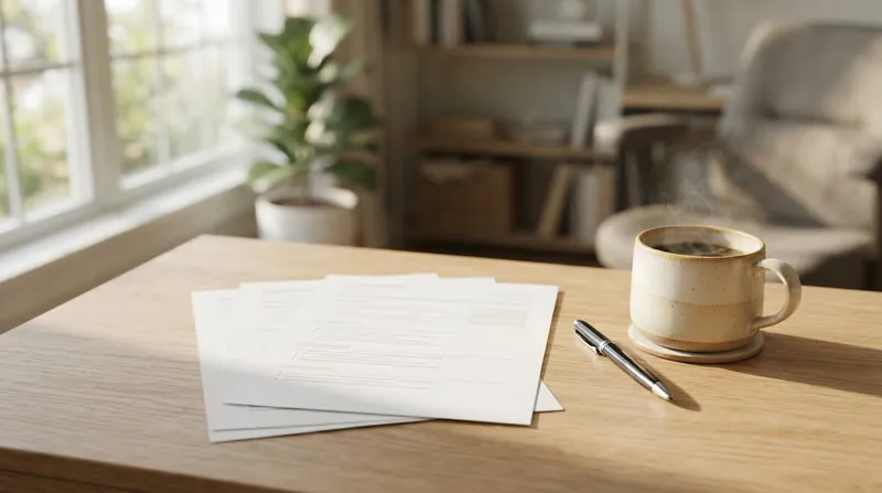 A printed resume resting on a wooden desk next to a coffee cup and a pen.