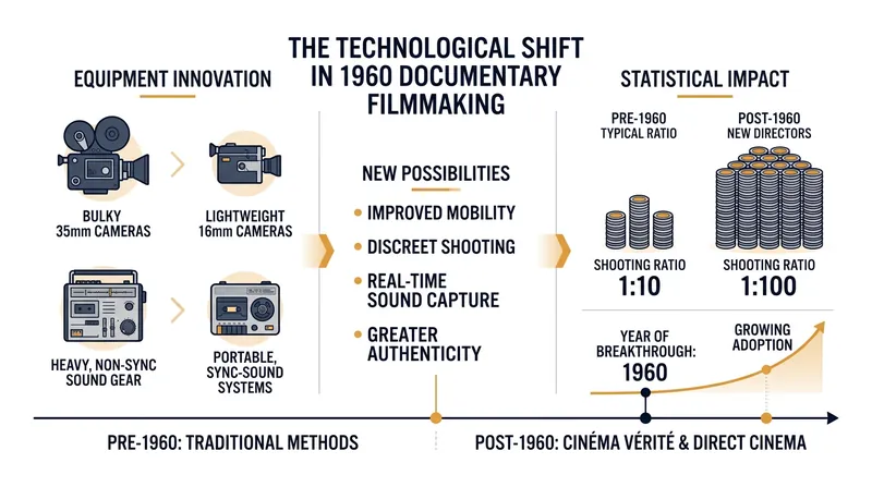 The technological constraints and shooting ratios that defined the early observational documentary movement.