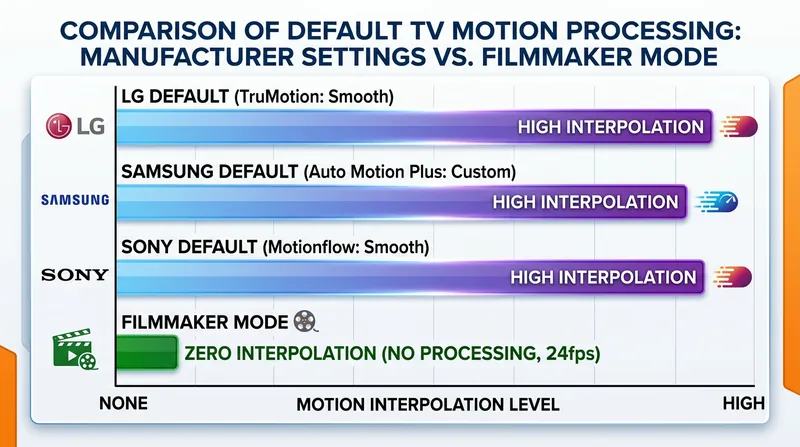 Filmmaker Mode bypasses the proprietary motion smoothing algorithms enabled by default on most consumer displays.
