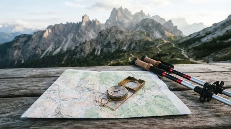 A hiker stands on a steep mountain trail, looking at a paper topographic map and a compass.